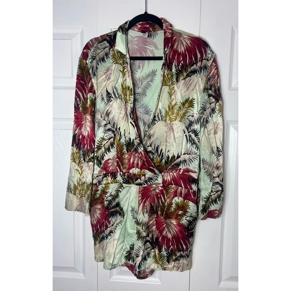 Topshop Tropical Floral Satin V-Neck Long Sleeve Romper Green Pink Size 10 Large